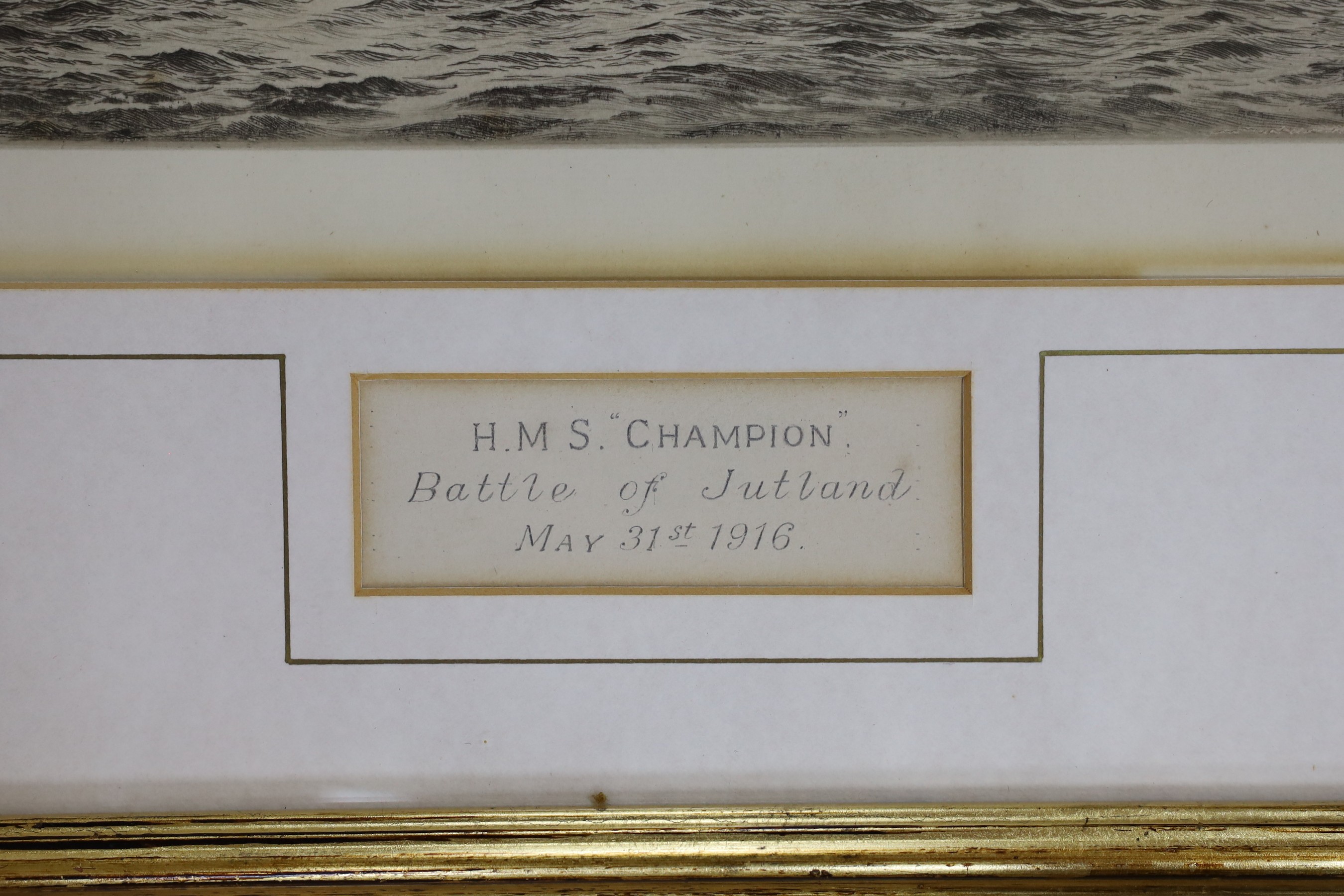 William Lionel Wyllie (1851-1931), etching, 'H.M.S Champion, Battle of Jutland 1916', signed in pencil, 17 x 42cm